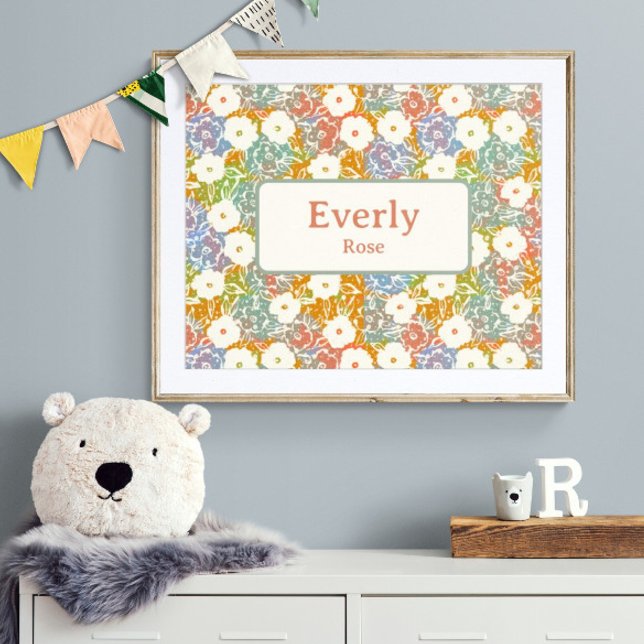 Colourful Floral Custom Name Chic Nursery Decor  (Customize name! Shown with white mat and wood frame. (you will receive print only) Thank you!)