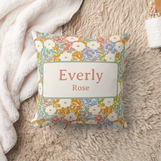 Colourful Floral Custom Name Chic Nursery Decor  Throw Pillow (Blanket)
