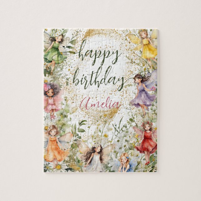 Colourful Floral Cute Fairies Happy Birthday Name Jigsaw Puzzle (Vertical)