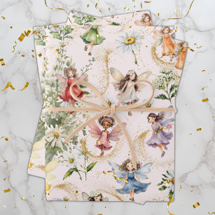 Colourful Floral Cute Pixie Fairies Glitter Dust Wrapping Paper Sheet