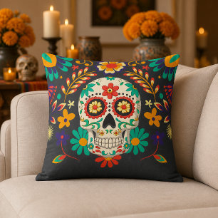 Colourful Floral Day of the Dead Sugar Skull Throw Pillow