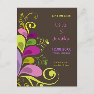 Colourful Floral Deco Leaves Save The Date Announcement Postcard