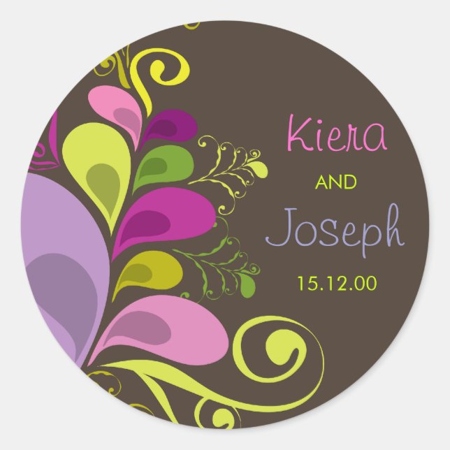 Colourful Floral Deco Leaves Summer Wedding Sticke Classic Round Sticker (Front)
