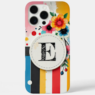 Colourful Floral Design Circle Frame Chic Monogram iPhone 16 Pro Max Case