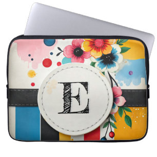 Colourful Floral Design Circle Frame Chic Monogram Laptop Sleeve