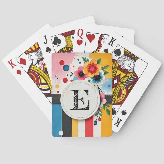 Colourful Floral Design Circle Frame Chic Monogram Playing Cards (Back)