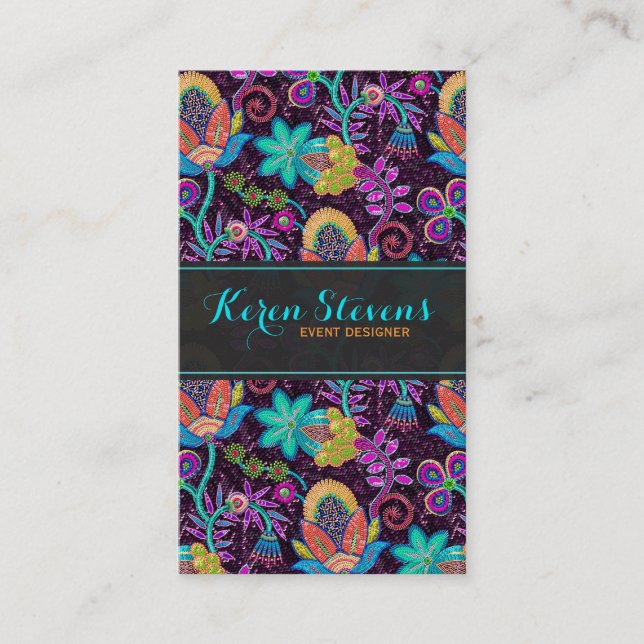 Colourful Floral Design Faux Glass Beads Look Business Card (Front)