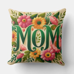 Colourful Floral Design Featuring Mom Lettering Throw Pillow