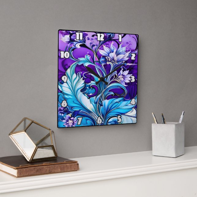 Colourful Floral Design With Blue and Purple Hues Square Wall Clock (Office)
