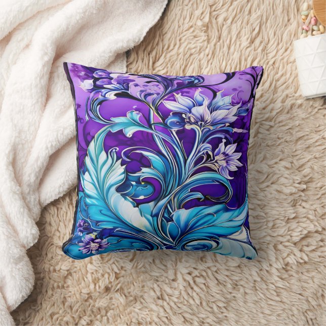 Colourful Floral Design With Blue and Purple Hues Throw Pillow (Blanket)