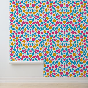 Colourful Floral Design with Blue Leaves Wallpaper