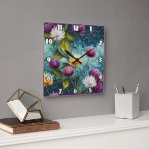 Colourful Floral Design With Vivid Leaves Square Wall Clock