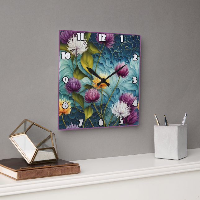 Colourful Floral Design With Vivid Leaves Square Wall Clock (Office)