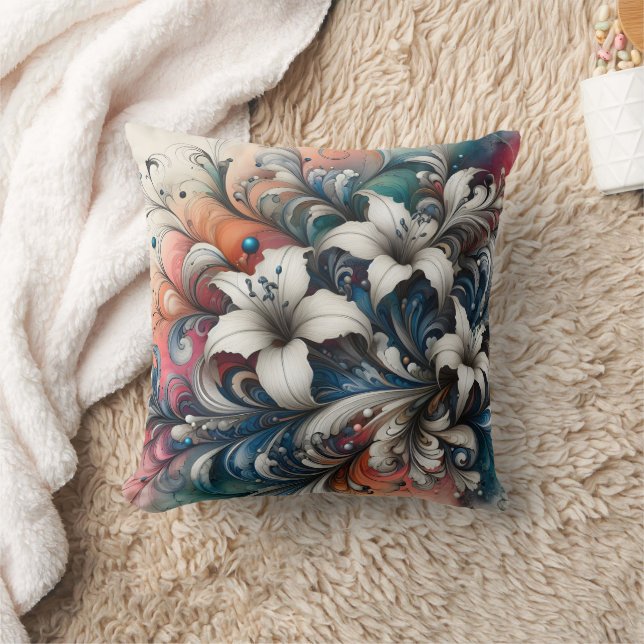 Colourful Floral Design With White Lilies Throw Pillow (Blanket)