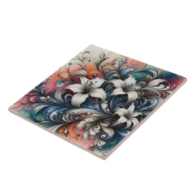 Colourful Floral Design With White Lilies Tile (Side)