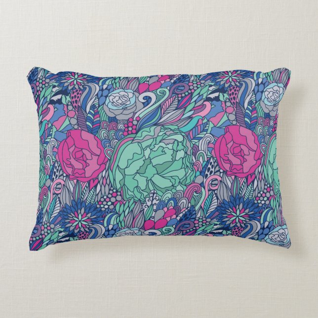 Colourful Floral Doodle Pattern Accent Pillow (Front)