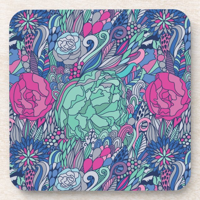 Colourful Floral Doodle Pattern Coaster (Front)