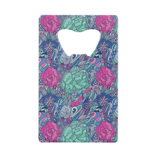 Colourful Floral Doodle Pattern Credit Card Bottle Opener (Front)