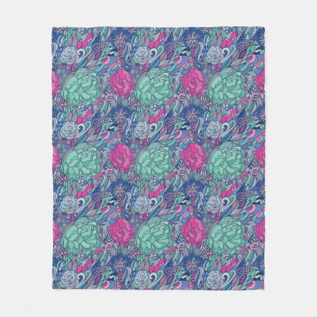 Colourful Floral Doodle Pattern Fleece Blanket (Front)