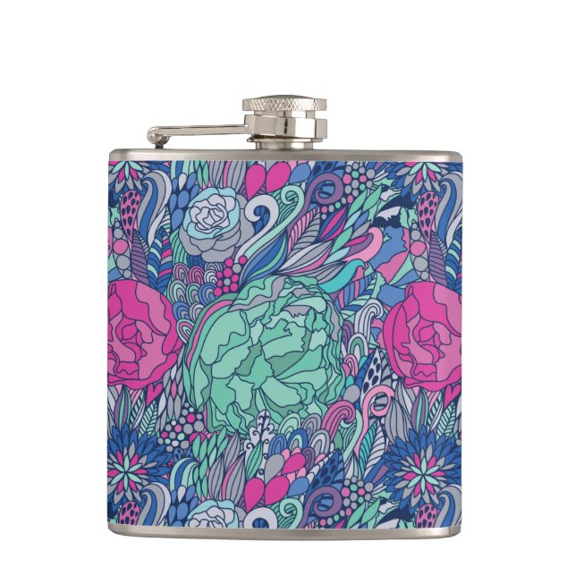 Colourful Floral Doodle Pattern Hip Flask (Front)