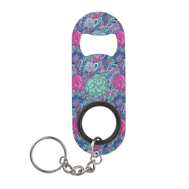 Colourful Floral Doodle Pattern Keychain Bottle Opener (Front)