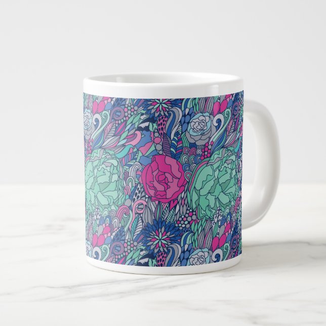 Colourful Floral Doodle Pattern Large Coffee Mug (Front Right)