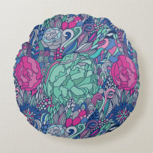 Colourful Floral Doodle Pattern Round Pillow