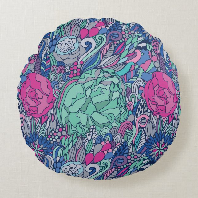Colourful Floral Doodle Pattern Round Pillow (Front)
