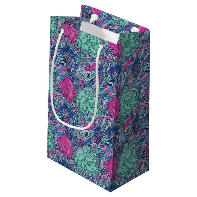 Colourful Floral Doodle Pattern Small Gift Bag (Back Angled)