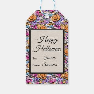 Colourful Floral Doodle with Jack-O-Lantern Gift Tags