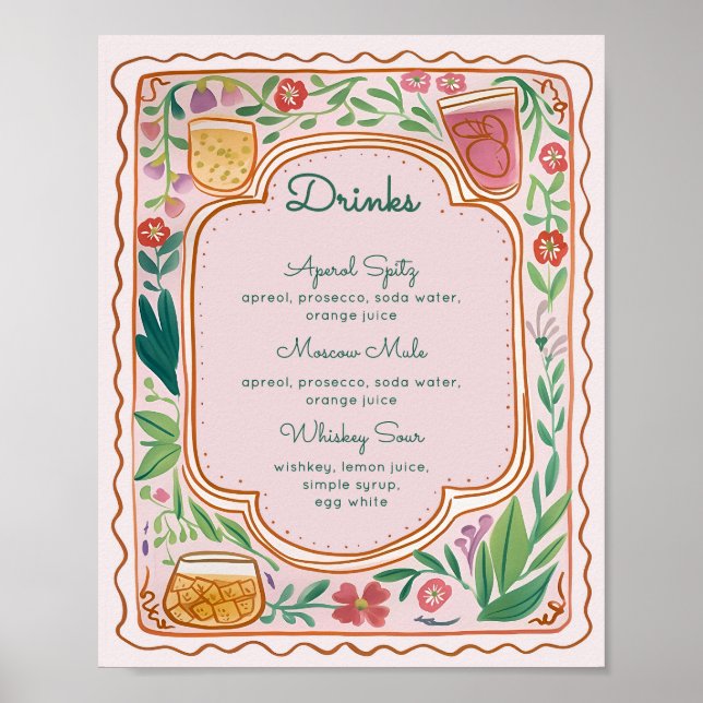 Colourful Floral Drinks Menu Template, Hand drawn Poster (Front)