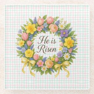 Colourful Floral Easter He is Risen wreath Glass Coaster