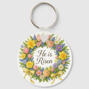 Colourful Floral Easter He is Risen wreath Keychain
