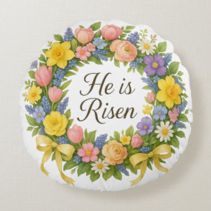 Colourful Floral Easter He is Risen wreath Round Pillow