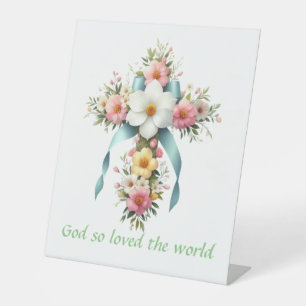 Colourful Floral Easter/Spring Cross Pedestal Sign