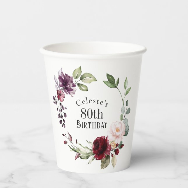 Colourful Floral Elegant 80th Birthday Paper Cups (Front)