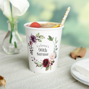 Colourful Floral Elegant 90th Birthday Paper Cups