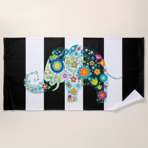 Colourful Floral Elephant & Black & White Stripes Beach Towel