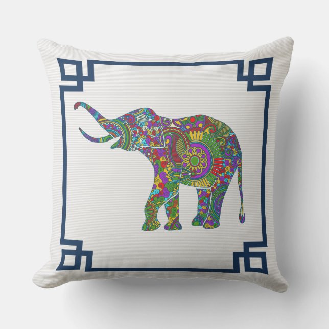 Colourful Floral Elephant Blue Frame Outdoor Pillow (Front)