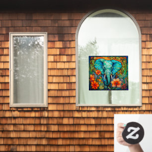 Colourful Floral Elephant Faux Stained Glass  Window Cling