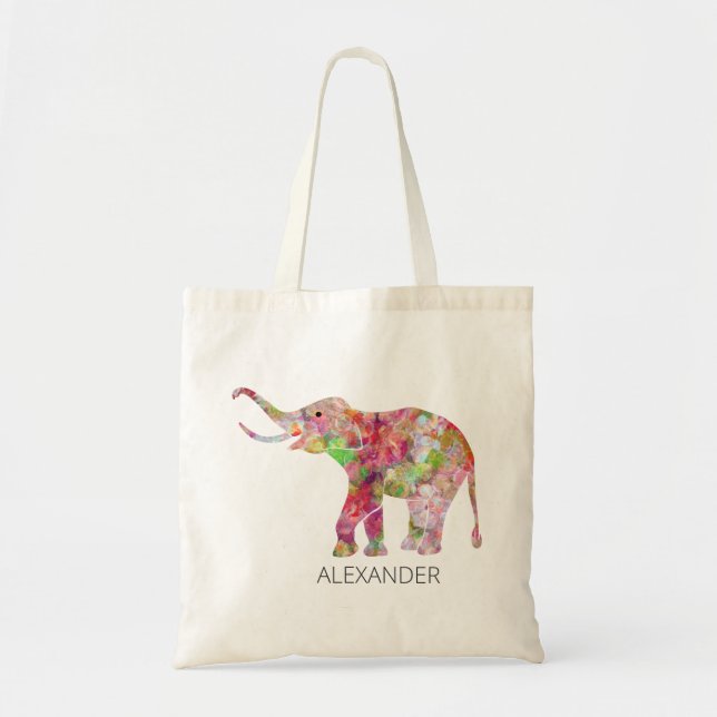 Colourful floral elephant illustration tote bag (Front)