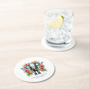 Colourful Floral Elephant Round Paper Coaster