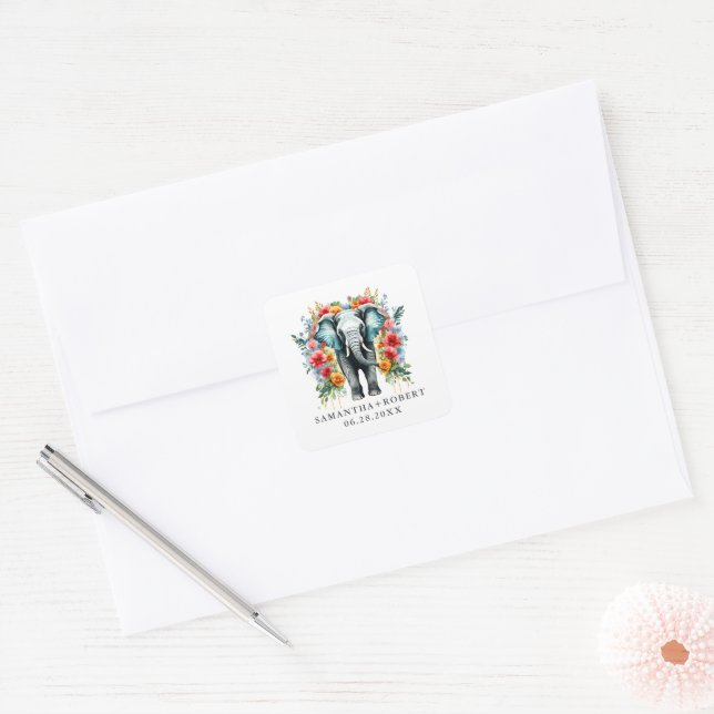 Colourful Floral Elephant Square Sticker (Envelope)