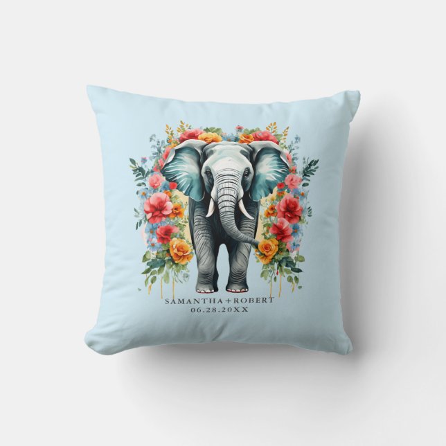 Colourful Floral Elephant Throw Pillow (Front)