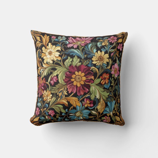 Colourful Floral Embroidered Pattern Throw Pillow (Front)