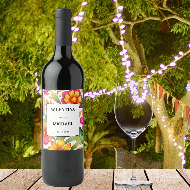 Colourful Floral Fiesta Mexican Wedding Wine Label (Creator Uploaded)
