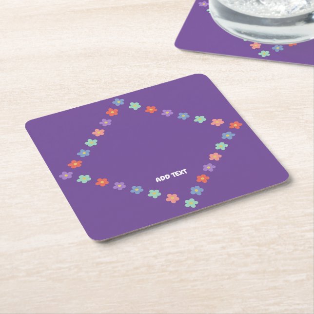 Colourful Floral Flower gradient Personalized Text Square Paper Coaster (Angled)