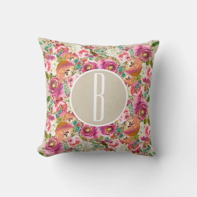 Colourful Floral Flowers Rustic Kraft Monogram Throw Pillow (Front)