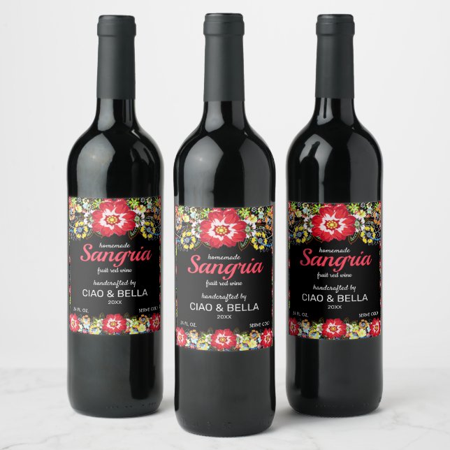 Colourful Floral Folk Art Sangria Wedding Wine Label (Bottles)