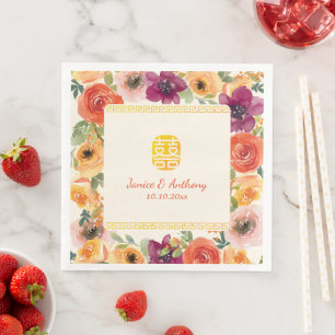 Colourful floral frame beige Chinese wedding  Napkin